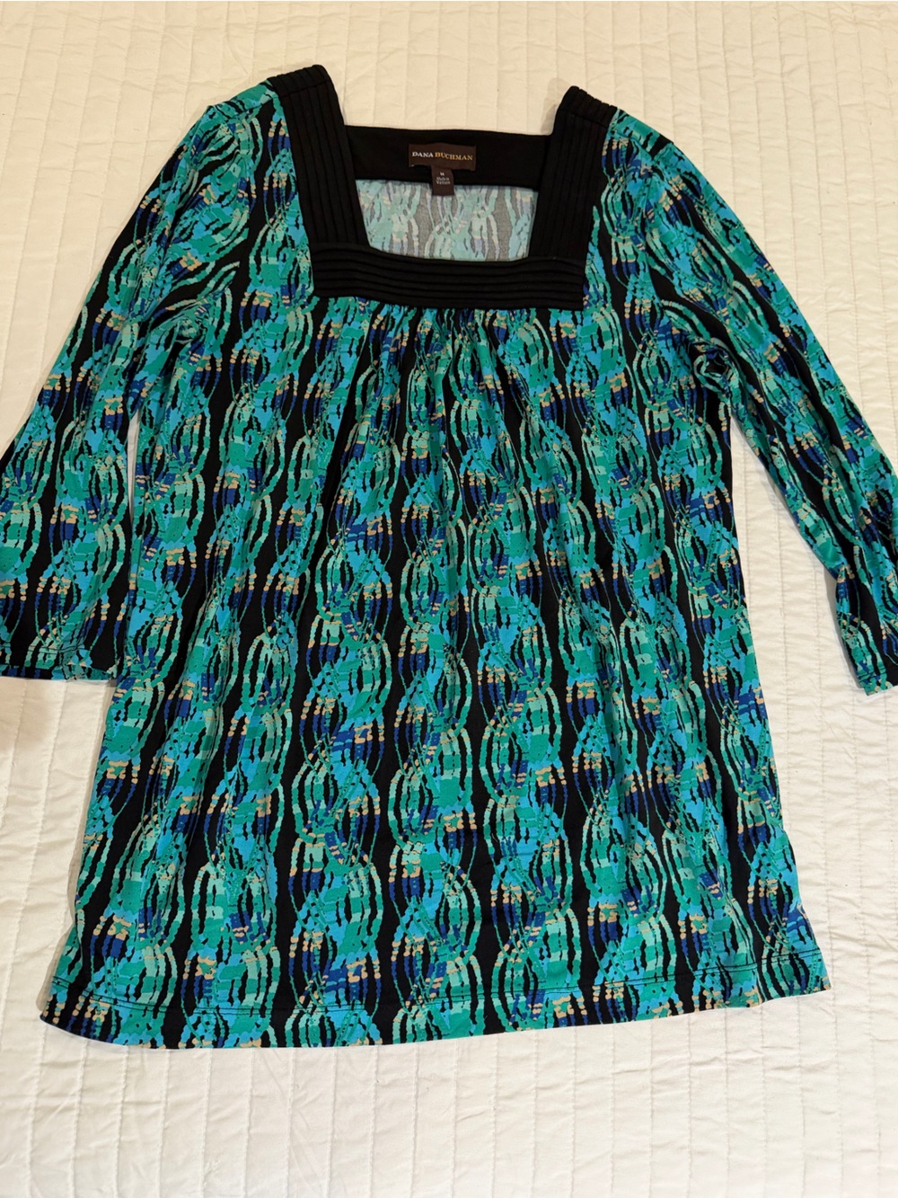 Dana Buchman Teal and Navy Patterned Tunic with Black Square Neck